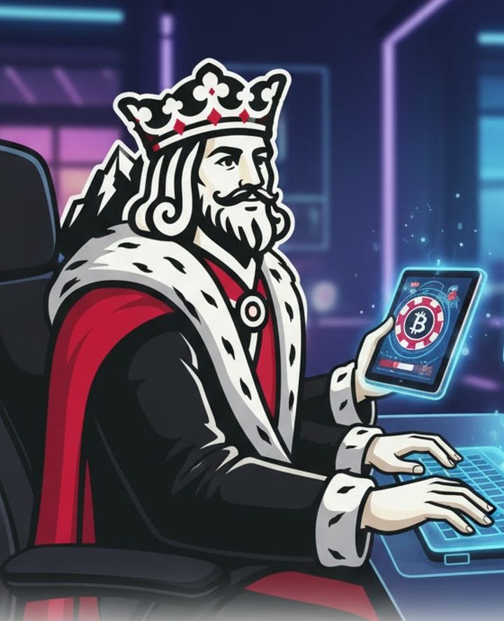 A drawing: the same crowned duke at a desk, a tablet with a chip in one hand, the other on the keyboard