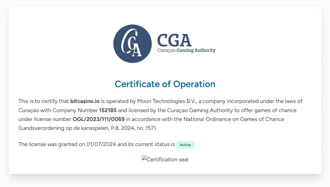 A screenshot from the Curaçao Gaming Authority portal: operating certificate for bitcasino.io, holder Moon Technologies B.V., licence OGL/2023/111/0069, status Active, issued on 01/07/2024